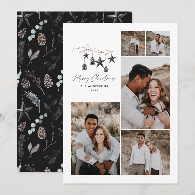 Cartes Pour Fêtes Annuelles Noir moderne élégant script Noël multi photo (Devant / Derrière)