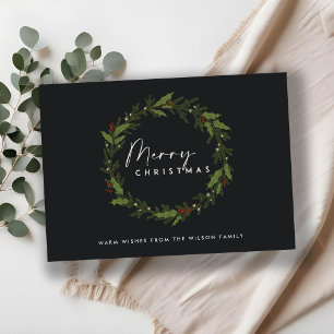 CARTES POUR FÊTES ANNUELLES NOIR MODERNE HOLLY BERRY WREATH MERRY NOËL