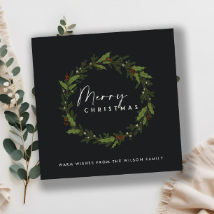 CARTES POUR FÊTES ANNUELLES NOIR MODERNE HOLLY BERRY WREATH MERRY NOËL