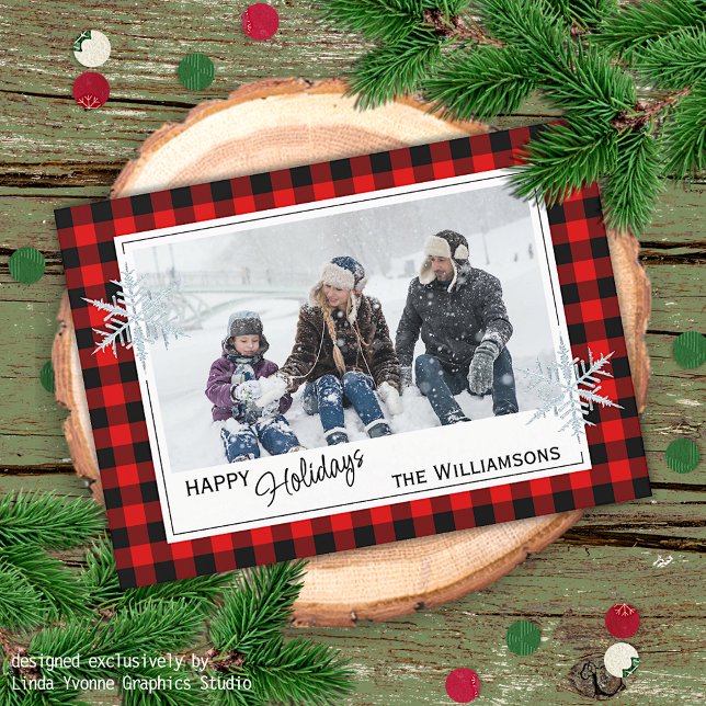 Cartes Pour Fêtes Annuelles Noir Red Buffalo Lumberjack Plaid & Snowflics (Créateur téléchargé)
