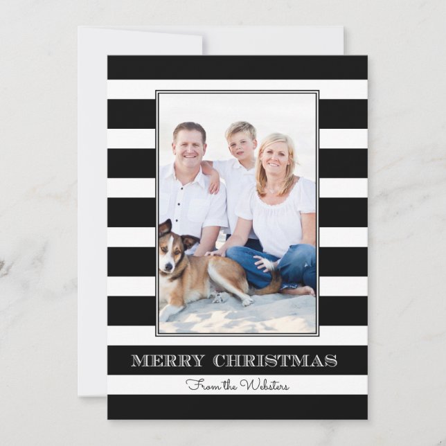 Cartes Pour Fêtes Annuelles Noir | White Stripe Joyeux Noël Photo (Devant)