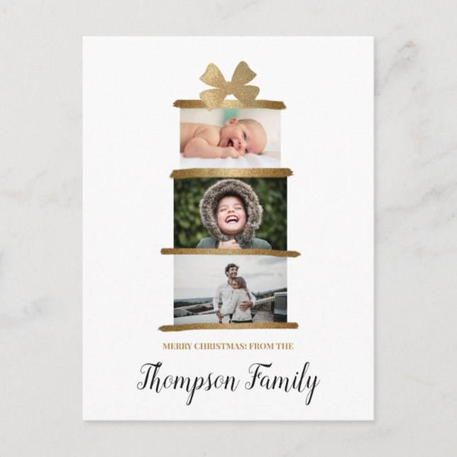 Cartes Pour Fêtes Annuelles Nom de famille Photos Gift Bow Gold Noël (Devant)