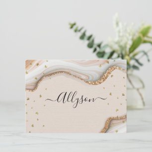 Cartes Pour Fêtes Annuelles Nom et message en écriture, cœurs pailletés, marbr