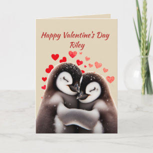 Cartes Pour Fêtes Annuelles Nom personnalisé Aimer mignon Coeurs pingouins