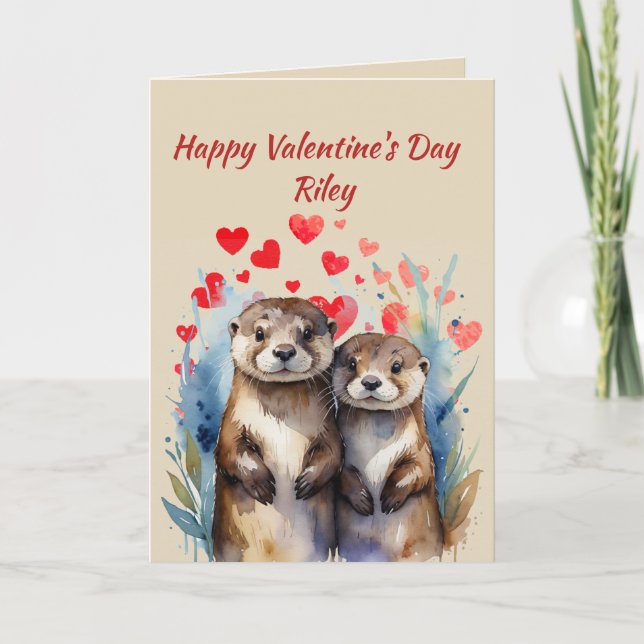 Cartes Pour Fêtes Annuelles Nom personnalisé Love Cute Otters Coeurs animaux (Devant)