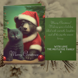Cartes Pour Fêtes Annuelles Nom personnalisé Noël Père Noël Ours et Kitten
