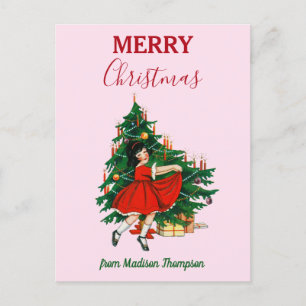 Cartes Pour Fêtes Annuelles Nom personnalisé Rétro Noël Fille Noël Arbre rose
