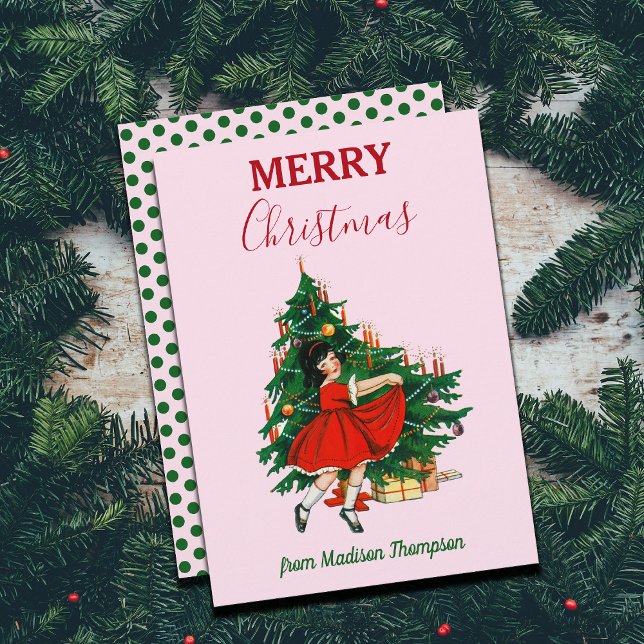 Cartes Pour Fêtes Annuelles Nom personnalisé Rétro Noël Fille Noël Arbre rose (Créateur téléchargé)