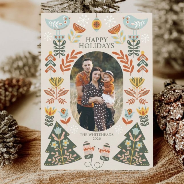 Cartes Pour Fêtes Annuelles Nordic Folk Art Christmas Oval Photo (This holiday card features a Folksy Chic, Scandinavian/Nordic-inspired aesthetic.)