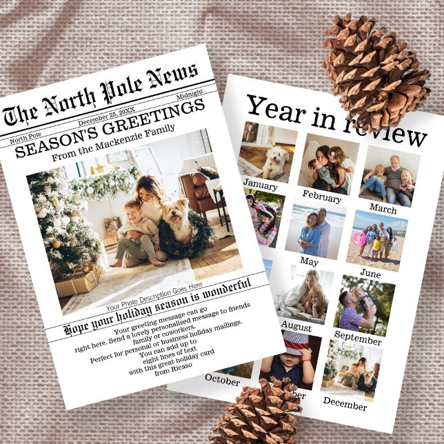Cartes Pour Fêtes Annuelles North Pôle News Journal de Noël Personnalisé (North Pole News Christmas Newspaper Personalized Holiday Card with year in review 13 photos. Ricaso)