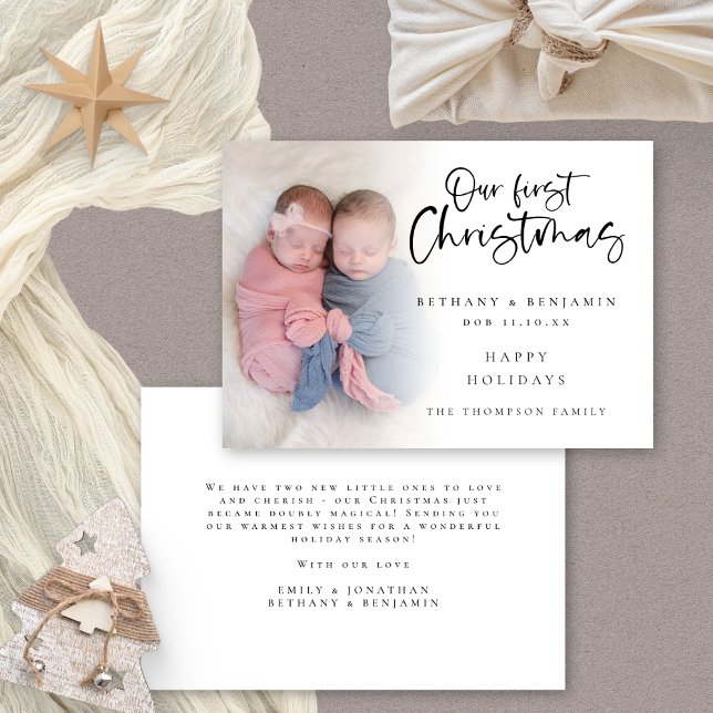 Cartes Pour Fêtes Annuelles Nos premiers bébés jumeaux de Noël Photo personnal (Front and back view. Available digitally or printed.)