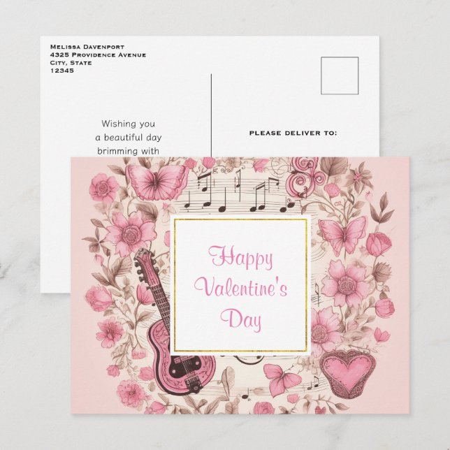 Cartes Pour Fêtes Annuelles Notes musicales et fleurs Retro Saint Valentin (Devant / Derrière)