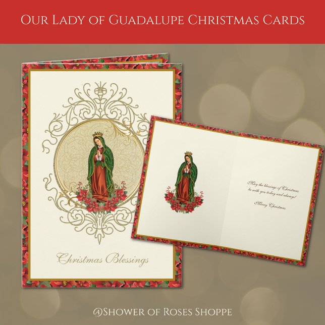 Cartes Pour Fêtes Annuelles Notre-Dame de Guadalupe Noël Poinsettia Fête (Our Lady of Guadalupe Christmas Cards with red poinsettias)