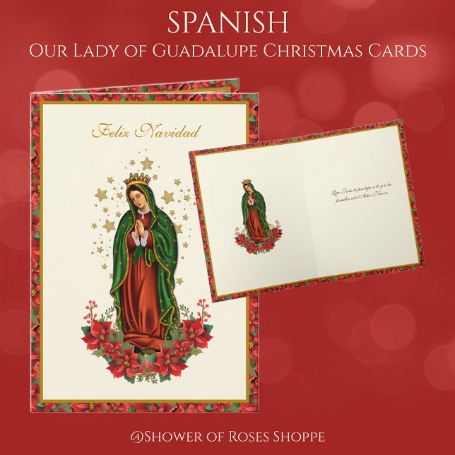 Cartes Pour Fêtes Annuelles Notre-Dame de Guadalupe Noël Pointsettia (Spanish Our Lady of Guadalupe Christmas Cards - Easy to personalize! )