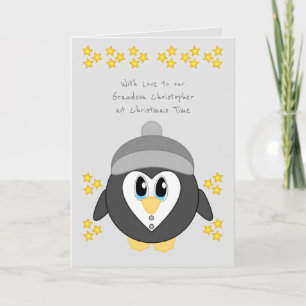 Cartes Pour Fêtes Annuelles Notre petit-fils à Noël gris pingouin mignon