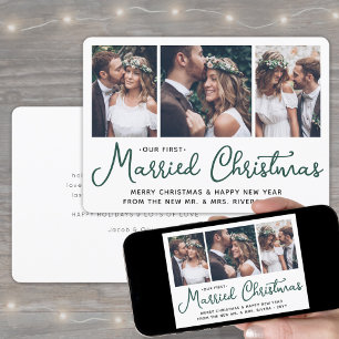 Cartes Pour Fêtes Annuelles Notre premier Marié Noël 3 Mariages Photos Vert