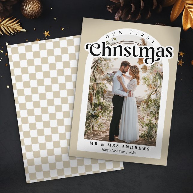 Cartes Pour Fêtes Annuelles Notre premier Noël photo nouvellement mariée Arc À (Créateur téléchargé)
