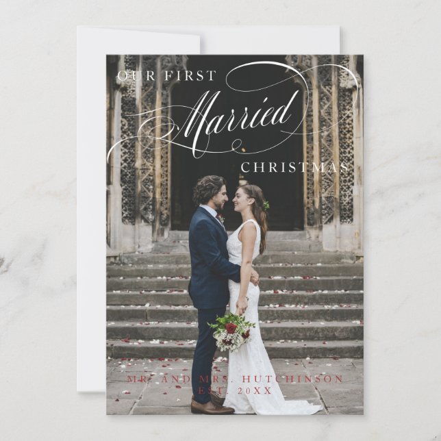 Cartes Pour Fêtes Annuelles Notre première photo de script de Noël marié (Devant)