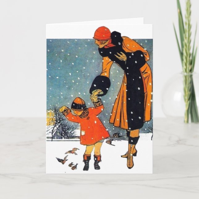 Cartes Pour Fêtes Annuelles Nourrir les oiseaux dans la neige (Devant)