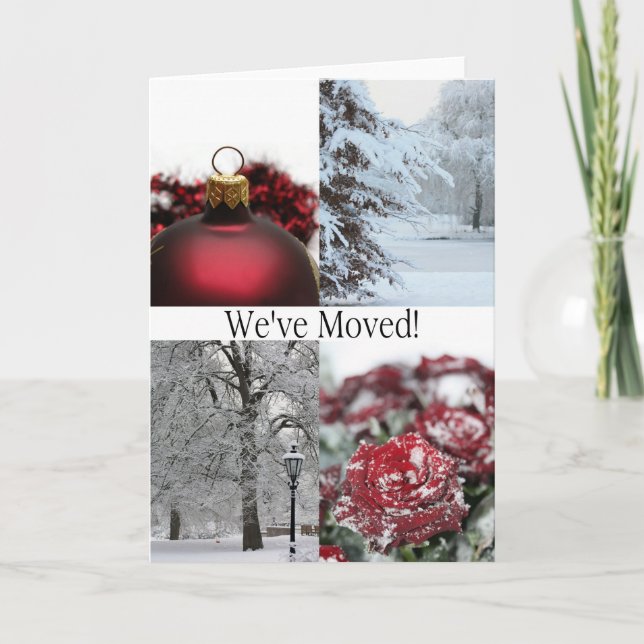 Cartes Pour Fêtes Annuelles Nous avons déménagé - Colage d'hiver rouge (Devant)