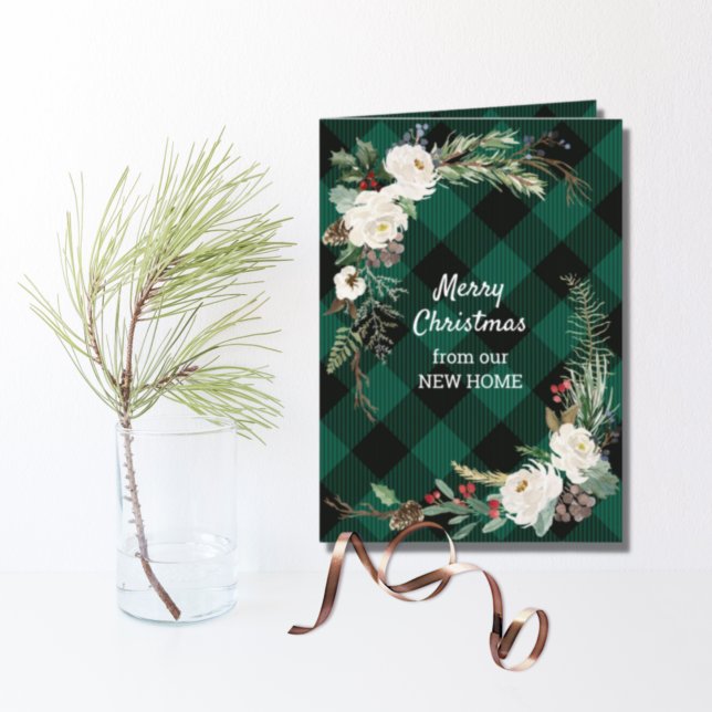 Cartes Pour Fêtes Annuelles Nouveau Accueil Buffle vert Plaid Blanc Noël Roses (Créateur téléchargé)
