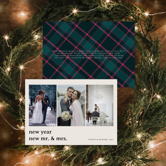 Cartes Pour Fêtes Annuelles Nouveau M. & Mme | Mariage Tartan vert et rose (Créateur téléchargé)