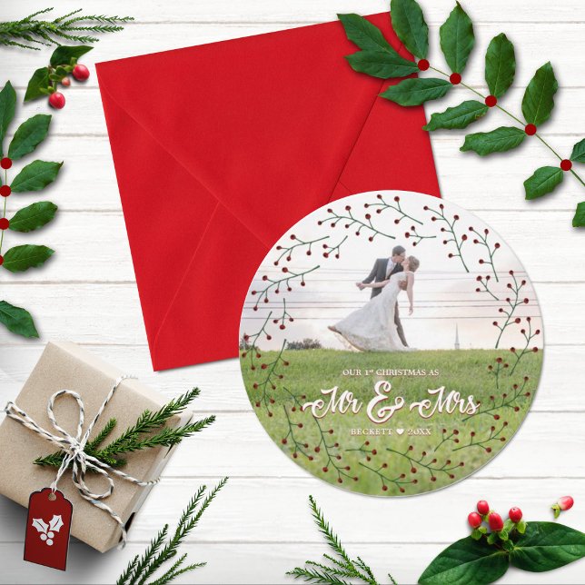 Cartes Pour Fêtes Annuelles Nouveaux mariés 1er Noël Mr & Mrs Holly Photo (Créateur téléchargé)