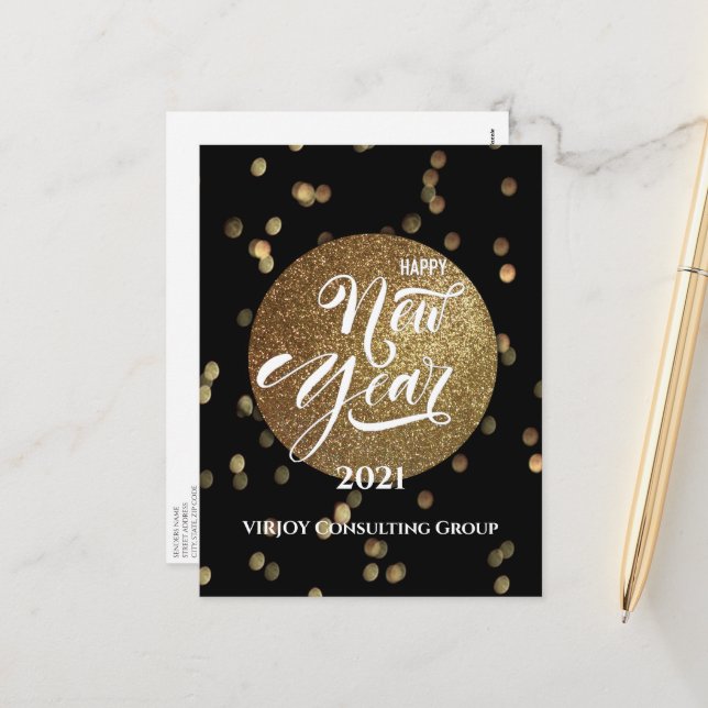 Cartes Pour Fêtes Annuelles Nouvel An 2021| Confetti Gold de l'entreprise (Devant/Arrière en situation)