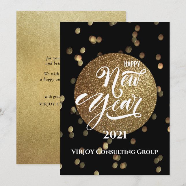 Cartes Pour Fêtes Annuelles Nouvel An 2021 | Entreprise Gold Confetti (Devant / Derrière)
