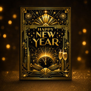 Cartes Pour Fêtes Annuelles Nouvel An Art Déco Or Luxueux Noir
