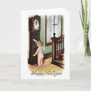 Cartes Pour Fêtes Annuelles Nouvel An bébé et horloge grand-père