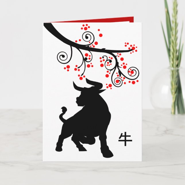Cartes Pour Fêtes Annuelles Nouvel an chinois 2021 : Ox et fleurs rouges (Devant)