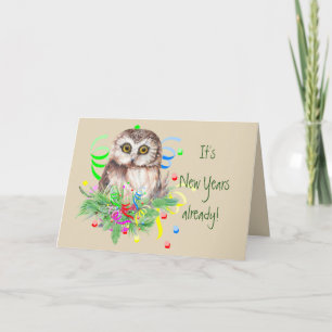 Cartes Pour Fêtes Annuelles Nouvel An, Humour de Chouette, Aquarelle