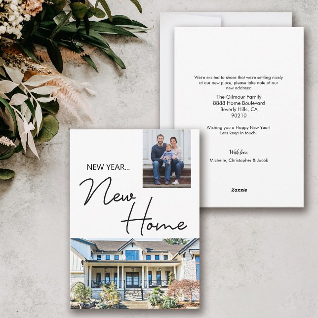 Cartes Pour Fêtes Annuelles Nouvel an Nouveau foyer Famille Photo et maison (New Year New Home custom photos, new address card.)