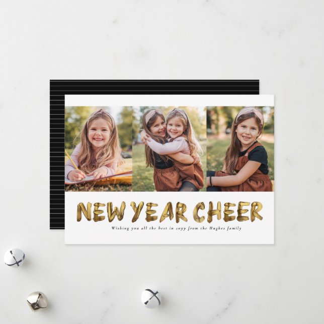 Cartes Pour Fêtes Annuelles Nouvelle année cheer or trois photo (Devant/Arrière en situation)