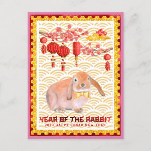 Cartes Pour Fêtes Annuelles Nouvelle Année Lunaire du Lapin Rose Rouge Joyeuse