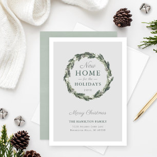Cartes Pour Fêtes Annuelles Nouvelle maison Elégante Neutre Gris Vert Pin Wrea