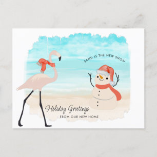 Cartes Pour Fêtes Annuelles Nouvelle maison Flamant rose Sandy Snowman sur la 