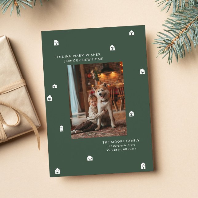 Cartes Pour Fêtes Annuelles Nouvelle maison moderne deux photo vert Noël (Créateur téléchargé)