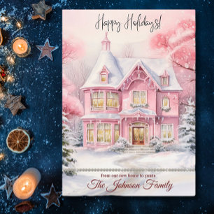 Cartes Pour Fêtes Annuelles Nouvelle maison pour les vacances hiver Scène rose