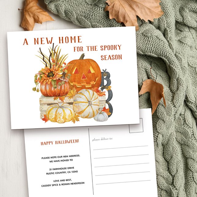 Cartes Pour Fêtes Annuelles Nouvelle Maison Rustique Happy Halloween Déménager (New address and Happy Halloween Postcard with rustic fall pumpkins)