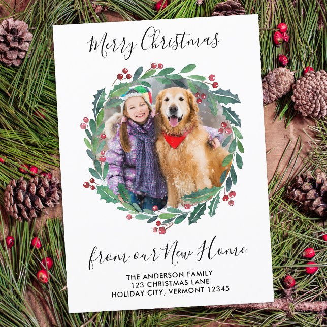 Cartes Pour Fêtes Annuelles Nouvelle maison Verdure Wreath Noël Photo Déménage (Créateur téléchargé)