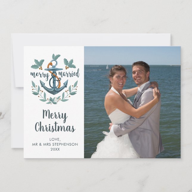 Cartes Pour Fêtes Annuelles Nouvelles mariées Ancres nautiques MERRY ET MARIÉ  (Devant)