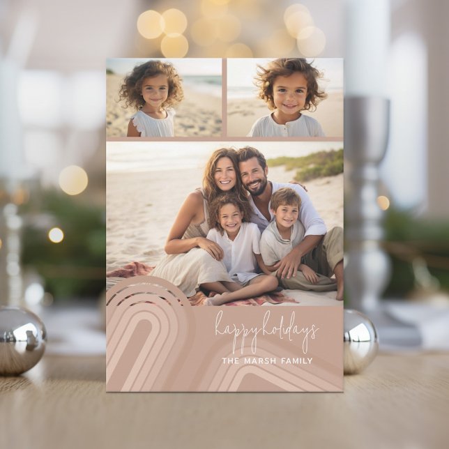 Cartes Pour Fêtes Annuelles Nuances minimes de champagne modernes - Photo (Soft, retro pastel holiday card with boho stripes and 3 photos.)
