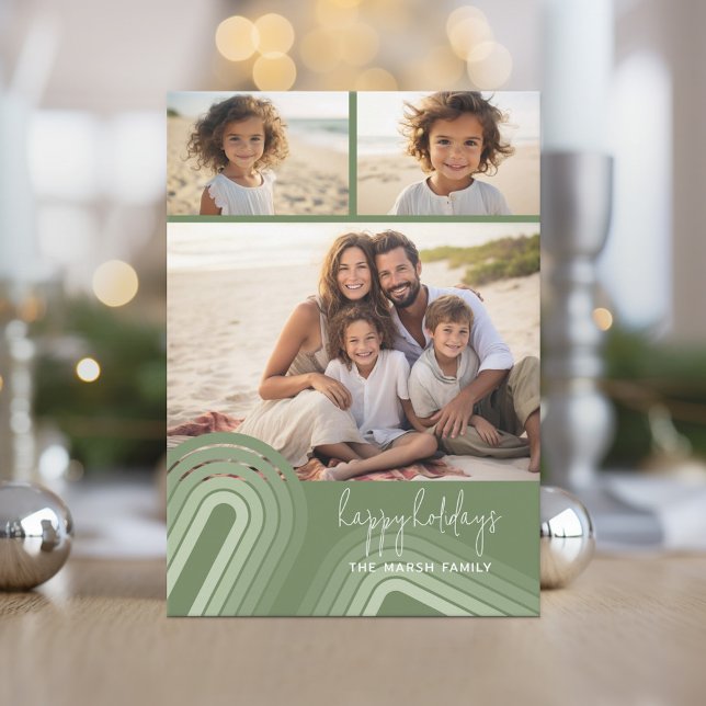 Cartes Pour Fêtes Annuelles Nuances minimes modernes de rayures de genièvre -  (Retro modern stripes - boho pastels and 3 photo holiday card)