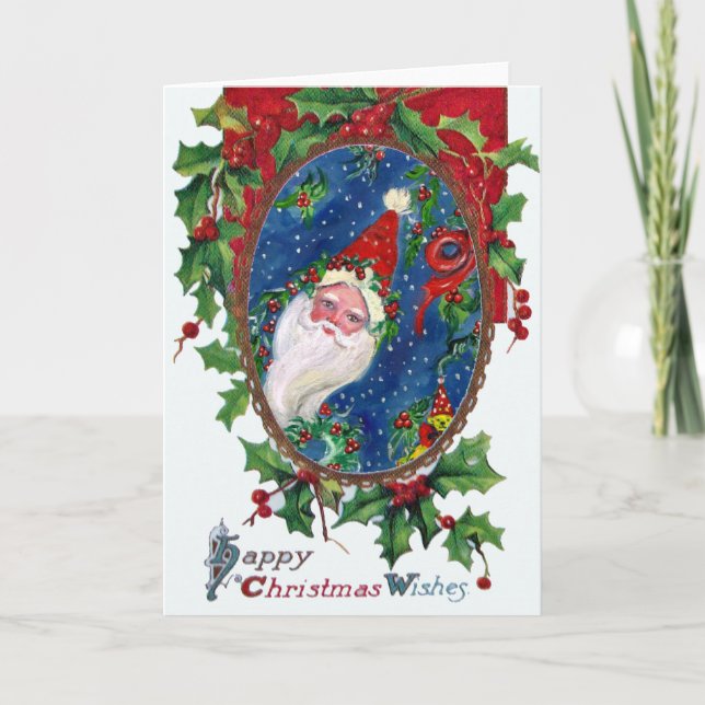CARTES POUR FÊTES ANNUELLES NUIT DE NOËL / PÈRE NOËL AVEC HOLLYBERRY CROWN (Devant)