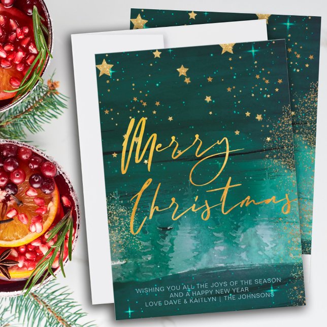 Cartes Pour Fêtes Annuelles Nuit d'hiver étoile Joyeux Noël Vert Or (Créateur téléchargé)