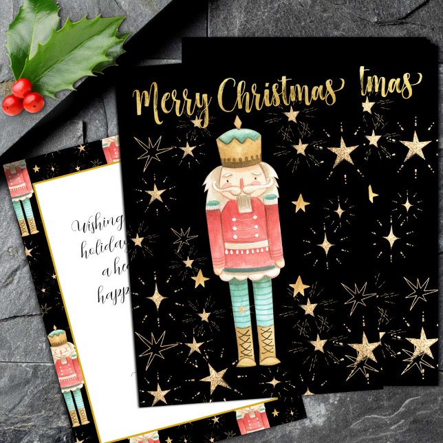 Cartes Pour Fêtes Annuelles Nuit étoilée Gold Nutcracker de Noël (The Christmas Nutcracker Gold Starry Night Merry Christmas Flat Holiday Card)