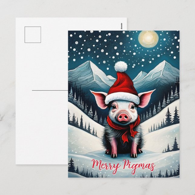 Cartes Pour Fêtes Annuelles Nuit neigeuse mignonne bébé cochon Joyeux Pigmas N (Devant / Derrière)