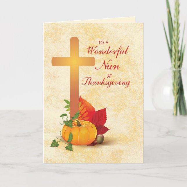 Cartes Pour Fêtes Annuelles Nun à Thanksgiving, Cross et Citrouille (Devant)